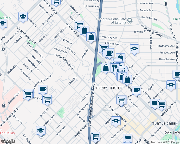 map of restaurants, bars, coffee shops, grocery stores, and more near 4606 Cedar Springs Road in Dallas