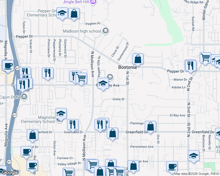 map of restaurants, bars, coffee shops, grocery stores, and more near 1059 East Bradley Avenue in El Cajon