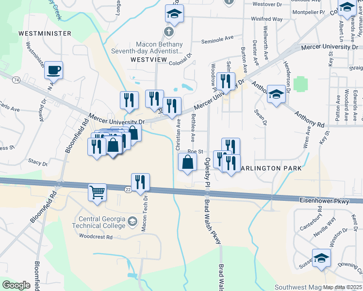 map of restaurants, bars, coffee shops, grocery stores, and more near 1906 Christian Avenue in Macon