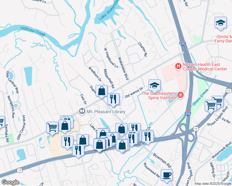 map of restaurants, bars, coffee shops, grocery stores, and more near 1215 Mathis Ferry Road in Mount Pleasant