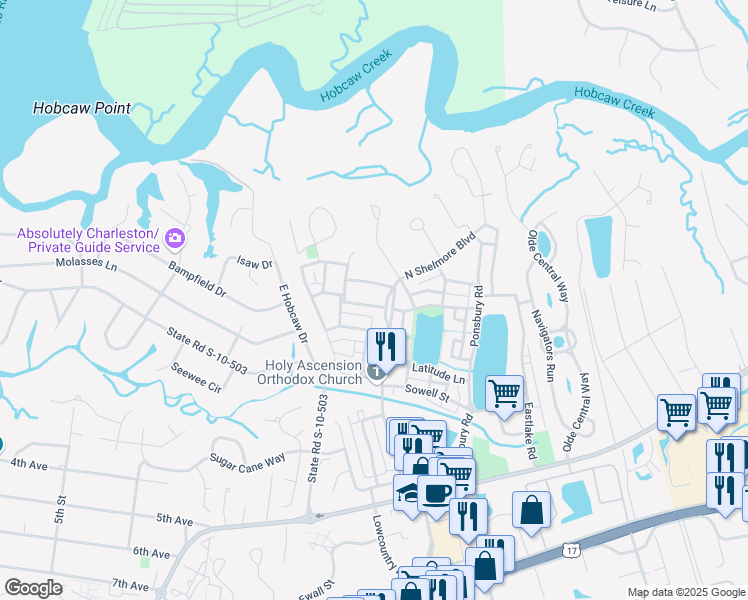 map of restaurants, bars, coffee shops, grocery stores, and more near 70 Sanibel Street in Mount Pleasant