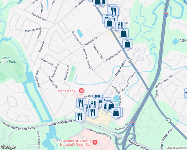 map of restaurants, bars, coffee shops, grocery stores, and more near 1895 Oleander Court in Charleston