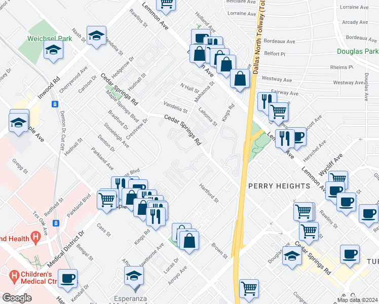 map of restaurants, bars, coffee shops, grocery stores, and more near 4845 Cedar Springs Road in Dallas