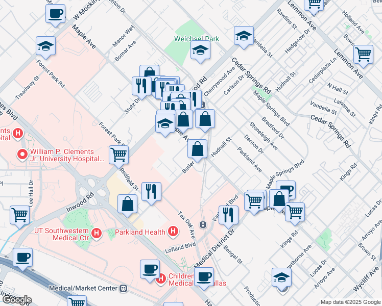 map of restaurants, bars, coffee shops, grocery stores, and more near 5415 Maple Avenue in Dallas