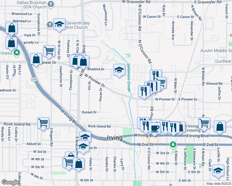 map of restaurants, bars, coffee shops, grocery stores, and more near 700 West Pioneer Drive in Irving
