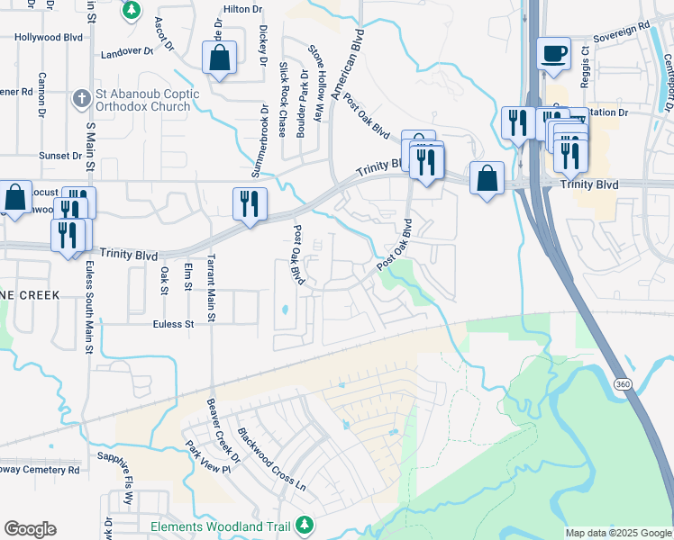 map of restaurants, bars, coffee shops, grocery stores, and more near 3745 Post Oak Boulevard in Euless