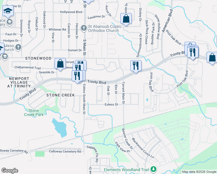 map of restaurants, bars, coffee shops, grocery stores, and more near 3808 Oak Street in Euless