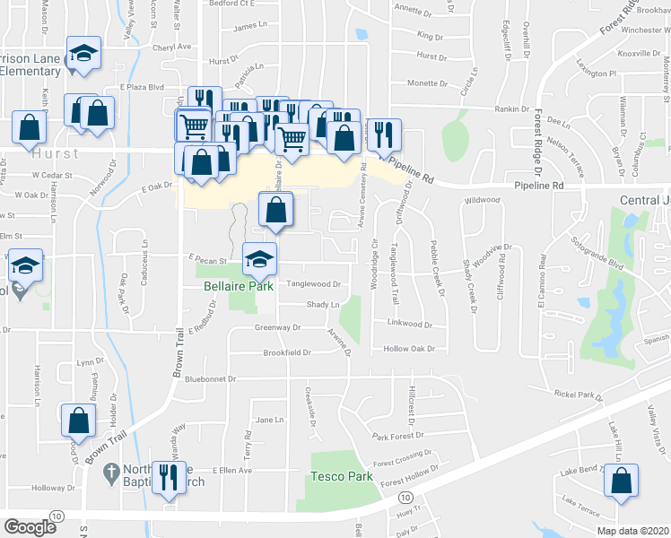 map of restaurants, bars, coffee shops, grocery stores, and more near 776 Shady Lane in Hurst