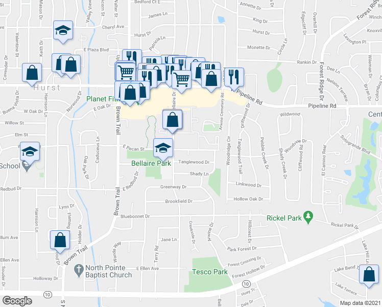 map of restaurants, bars, coffee shops, grocery stores, and more near 737 Tanglewood Drive in Hurst