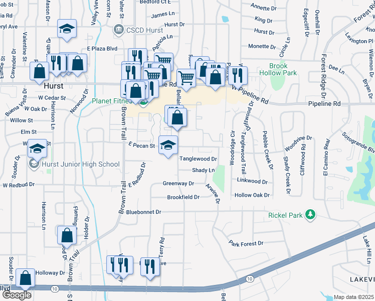 map of restaurants, bars, coffee shops, grocery stores, and more near 705 Tanglewood Drive in Hurst