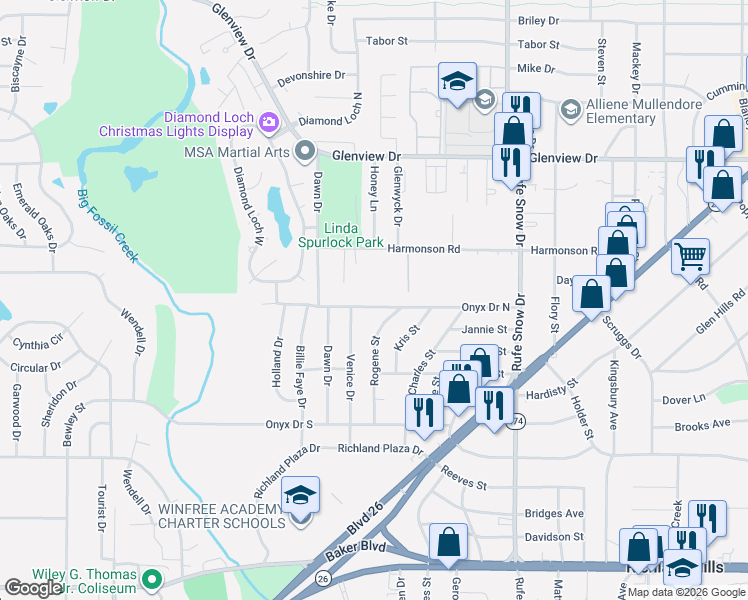 map of restaurants, bars, coffee shops, grocery stores, and more near 6412 Onyx Drive North in North Richland Hills