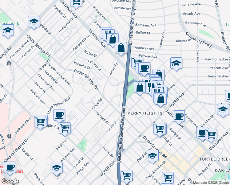 map of restaurants, bars, coffee shops, grocery stores, and more near 3207 Raleigh Street in Dallas