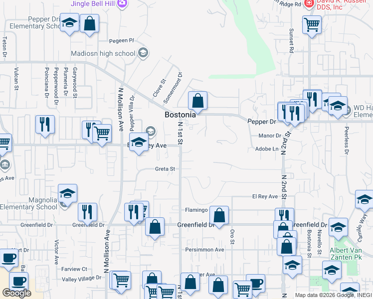 map of restaurants, bars, coffee shops, grocery stores, and more near 1120 Bradley Court in El Cajon