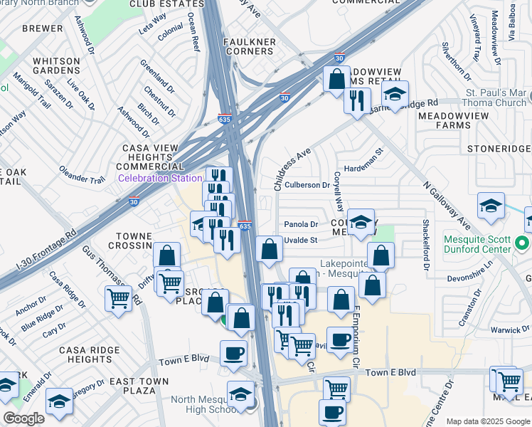 map of restaurants, bars, coffee shops, grocery stores, and more near 3895 Childress Avenue in Mesquite