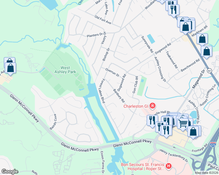 map of restaurants, bars, coffee shops, grocery stores, and more near 1788 Banbury Road in Charleston