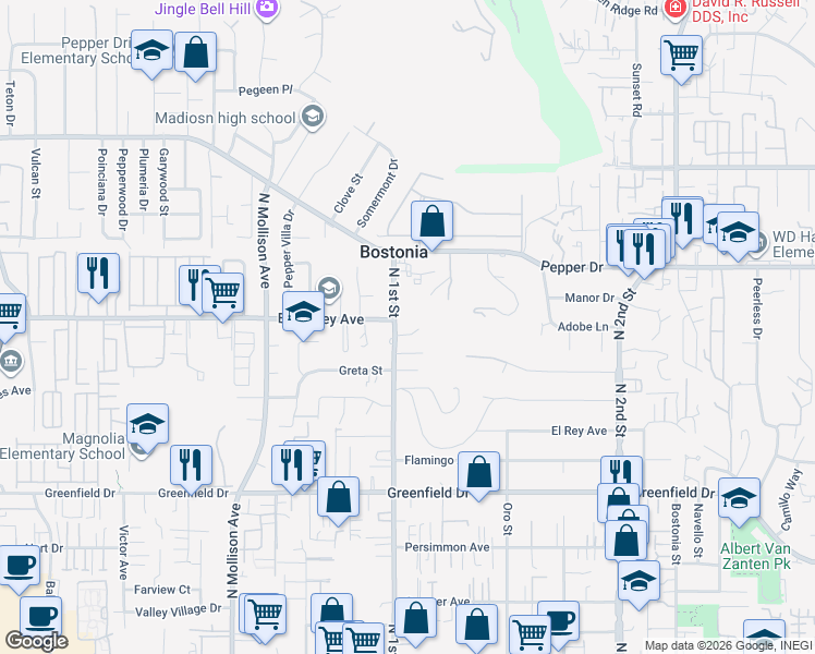 map of restaurants, bars, coffee shops, grocery stores, and more near 1120 Bradley Court in El Cajon