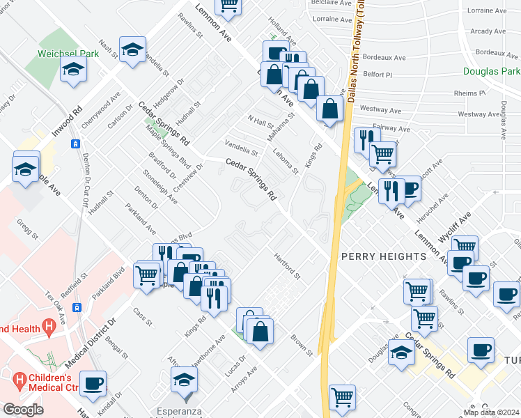 map of restaurants, bars, coffee shops, grocery stores, and more near 4845 Cedar Springs Road in Dallas