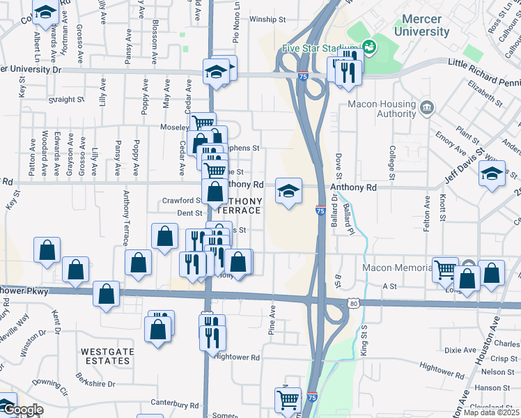 map of restaurants, bars, coffee shops, grocery stores, and more near 2305 Lincoln Street in Macon