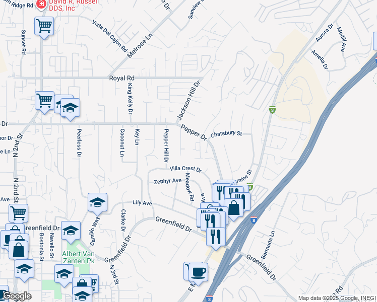 map of restaurants, bars, coffee shops, grocery stores, and more near 1625 Mauzy Way in El Cajon