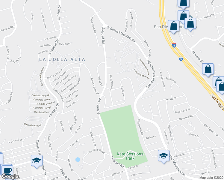 map of restaurants, bars, coffee shops, grocery stores, and more near 1950 Bahia Way in San Diego