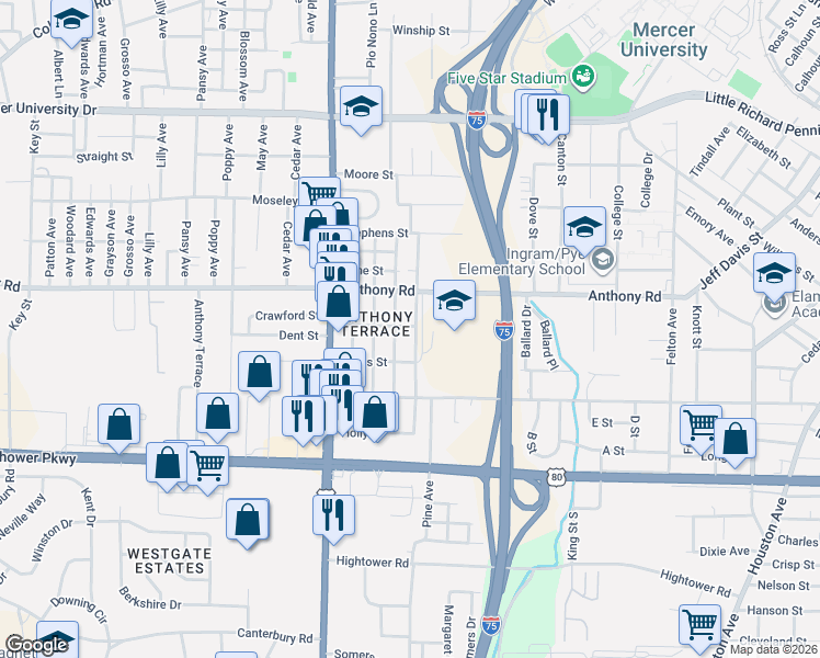 map of restaurants, bars, coffee shops, grocery stores, and more near 2305 Lincoln Street in Macon