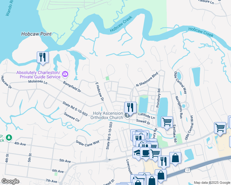 map of restaurants, bars, coffee shops, grocery stores, and more near 51 Joggling Street in Mount Pleasant