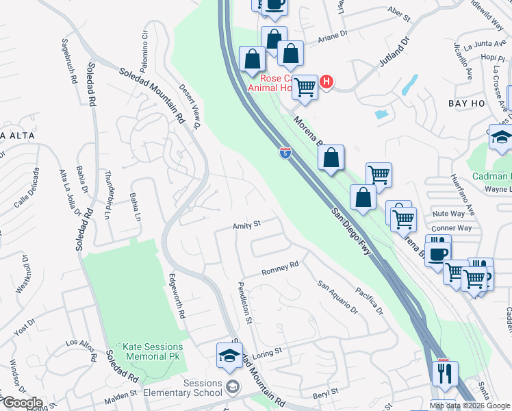 map of restaurants, bars, coffee shops, grocery stores, and more near 2427 Dresden Place in San Diego