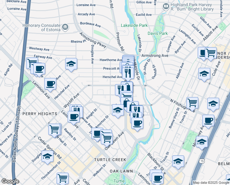 map of restaurants, bars, coffee shops, grocery stores, and more near 4206 Newton Avenue in Dallas