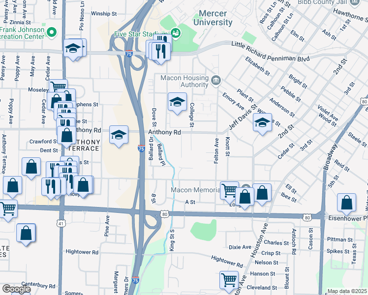 map of restaurants, bars, coffee shops, grocery stores, and more near 2246 Ashley Street in Macon