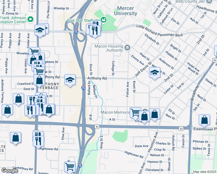 map of restaurants, bars, coffee shops, grocery stores, and more near 2246 Ashley Street in Macon