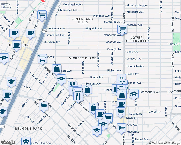 map of restaurants, bars, coffee shops, grocery stores, and more near 5443 Bonita Avenue in Dallas
