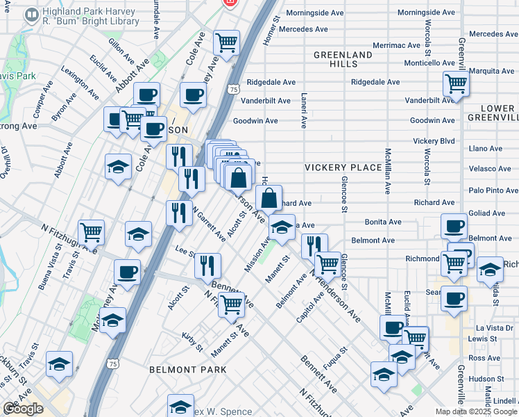map of restaurants, bars, coffee shops, grocery stores, and more near 2727 North Henderson Avenue in Dallas