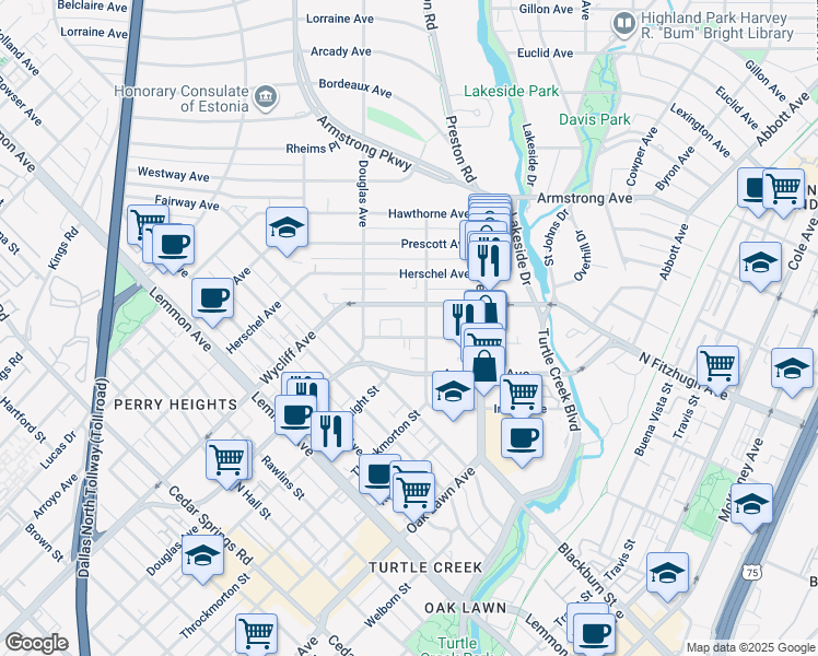 map of restaurants, bars, coffee shops, grocery stores, and more near 4140 Newton Avenue in Dallas