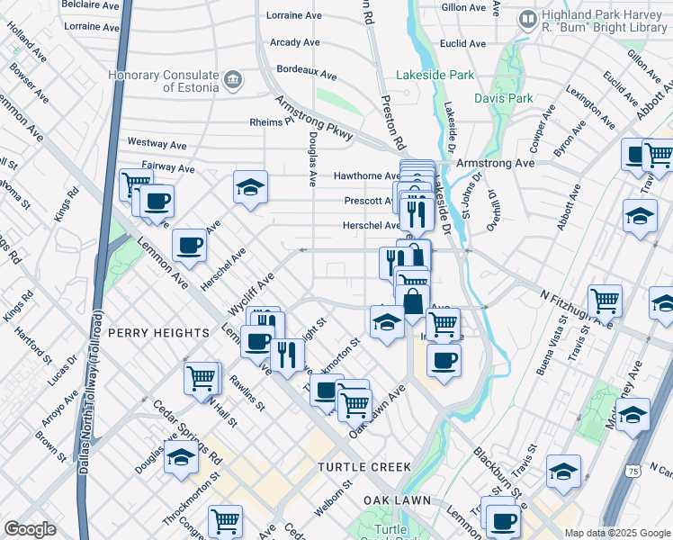 map of restaurants, bars, coffee shops, grocery stores, and more near 4140 Newton Avenue in Dallas