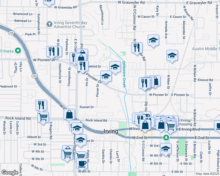 map of restaurants, bars, coffee shops, grocery stores, and more near 722 West Pioneer Drive in Irving