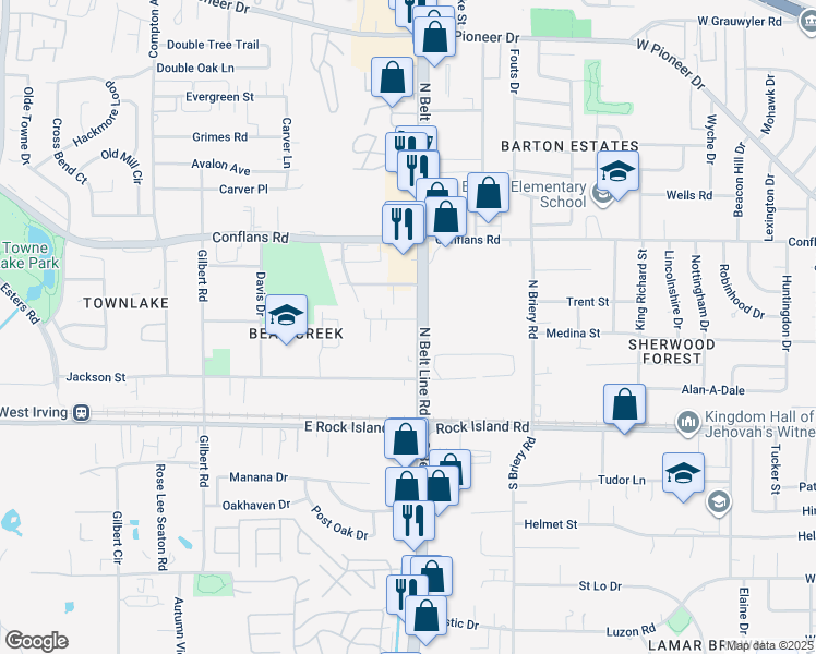 map of restaurants, bars, coffee shops, grocery stores, and more near 105 North Belt Line Road in Irving