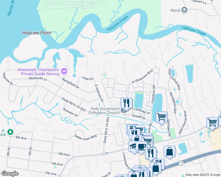 map of restaurants, bars, coffee shops, grocery stores, and more near 31 Mises Street in Mount Pleasant