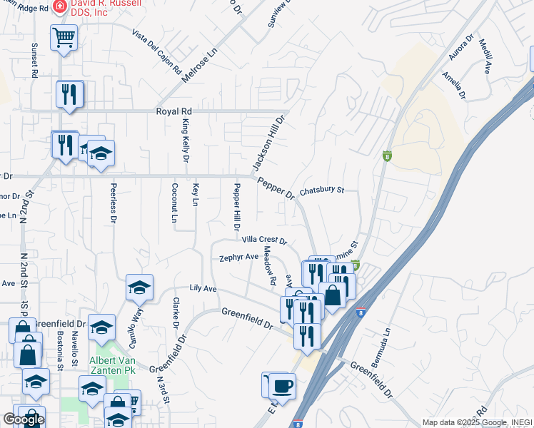 map of restaurants, bars, coffee shops, grocery stores, and more near 1625 Mauzy Way in El Cajon