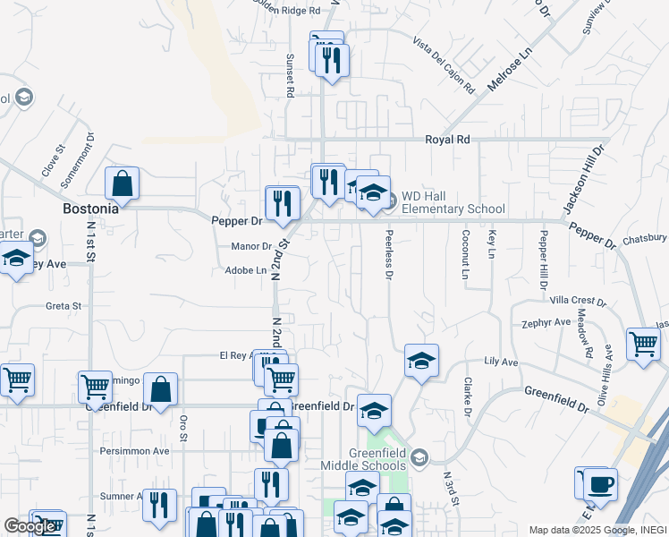 map of restaurants, bars, coffee shops, grocery stores, and more near 1315 Pepper Drive in El Cajon