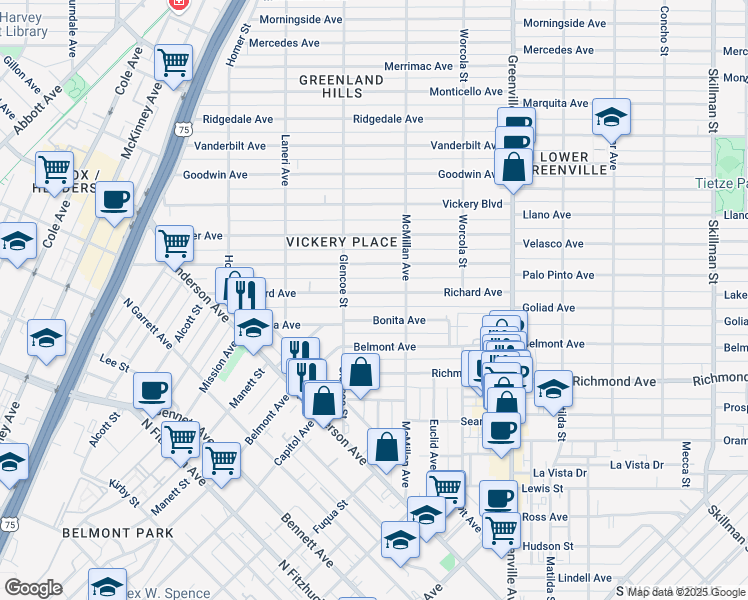 map of restaurants, bars, coffee shops, grocery stores, and more near 5443 Bonita Avenue in Dallas