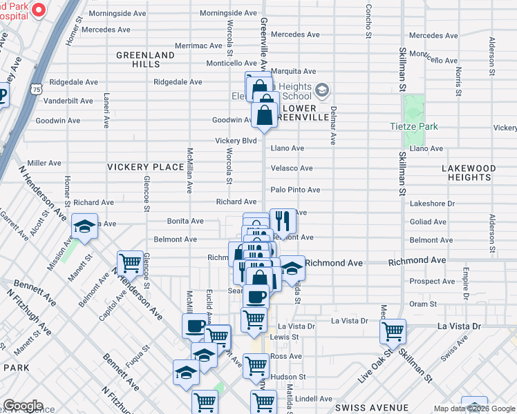map of restaurants, bars, coffee shops, grocery stores, and more near 5634 Richard Avenue in Dallas