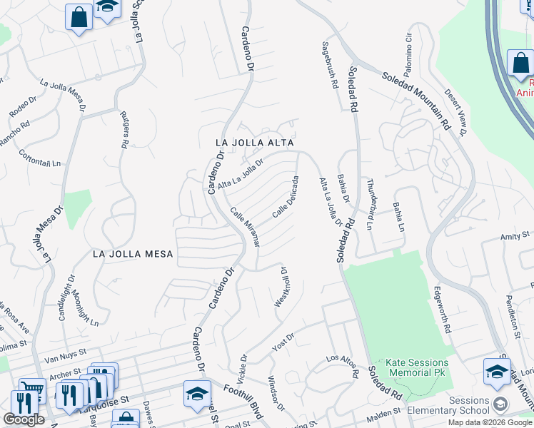 map of restaurants, bars, coffee shops, grocery stores, and more near 1589 Calle Delicada in San Diego