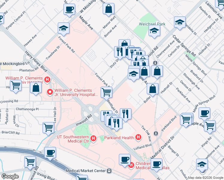 map of restaurants, bars, coffee shops, grocery stores, and more near 2241 Inwood Road in Dallas