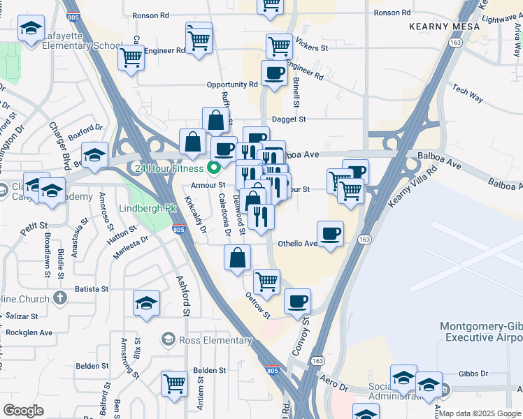 map of restaurants, bars, coffee shops, grocery stores, and more near 4344 Convoy Street in San Diego