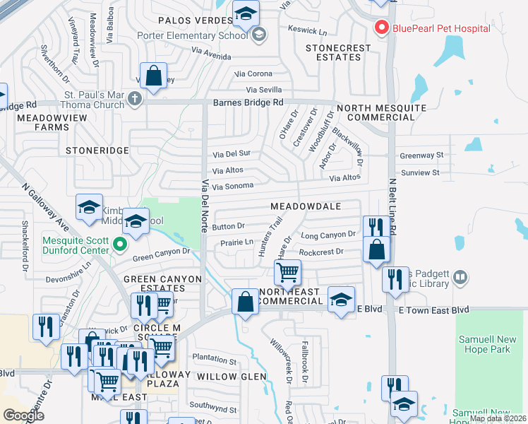map of restaurants, bars, coffee shops, grocery stores, and more near 503 Button Drive in Mesquite
