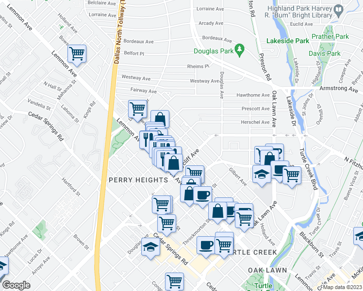 map of restaurants, bars, coffee shops, grocery stores, and more near 5 Holland Avenue in Dallas