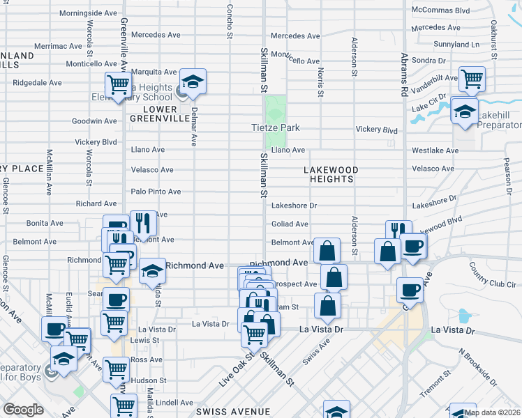 map of restaurants, bars, coffee shops, grocery stores, and more near 6040 Goliad Avenue in Dallas