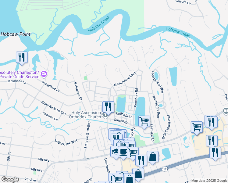 map of restaurants, bars, coffee shops, grocery stores, and more near 75 Hopetown Road in Mount Pleasant