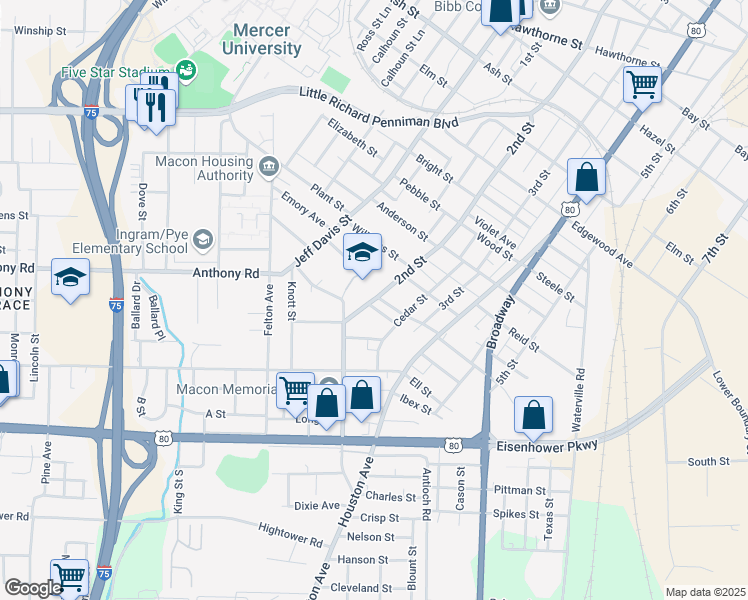 map of restaurants, bars, coffee shops, grocery stores, and more near 2150 2nd Street in Macon