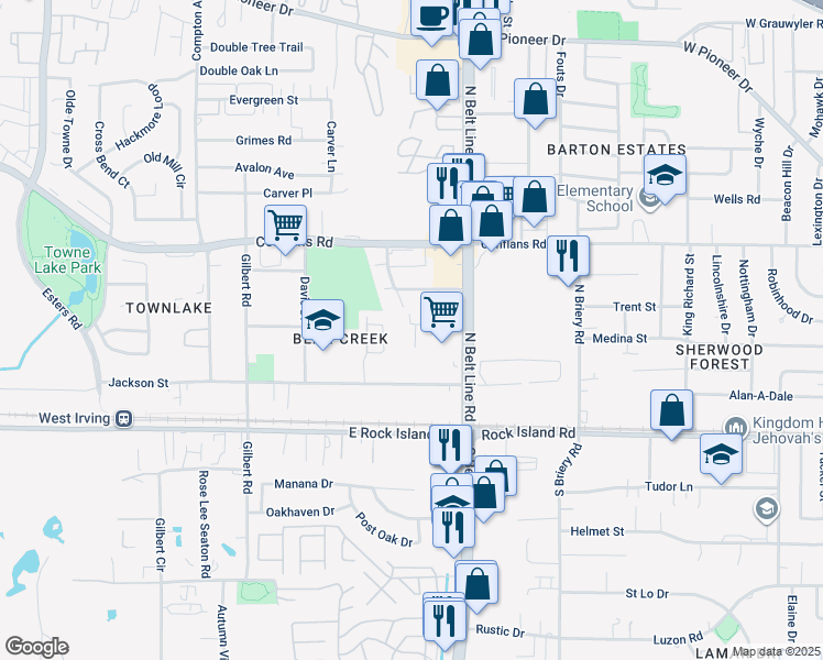 map of restaurants, bars, coffee shops, grocery stores, and more near 425 North Belt Line Road in Irving